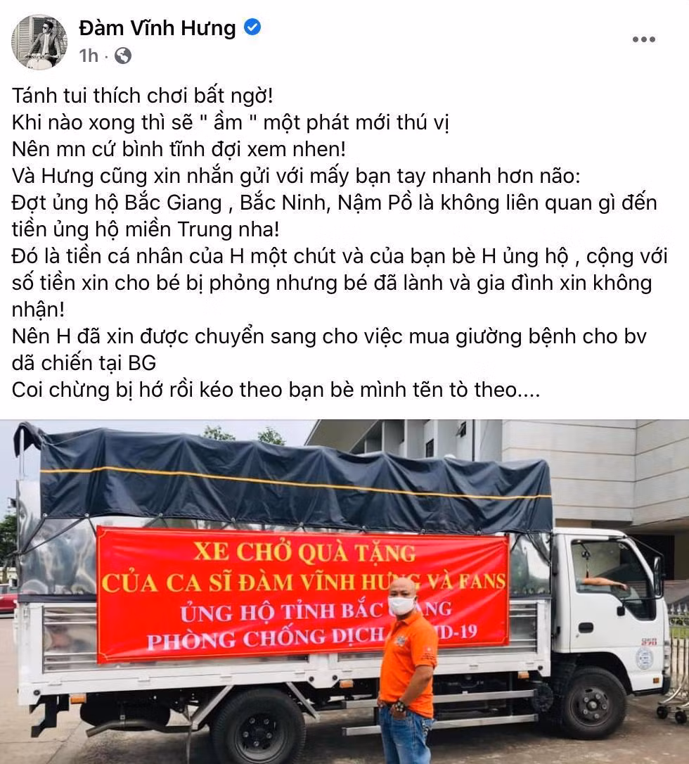 Ca sĩ Đàm Vĩnh Hưng gửi quà cho Bắc Giang - hiện đang là tâm dịch COVID-19 tại Việt Nam.