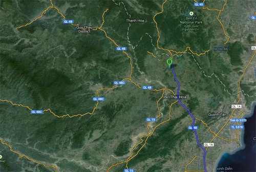 Điểm B là xã Nghĩa Hồng, nơi 5 người trong xe 7 chỗ bị nước cuốn trôi. Ảnh: Google Map