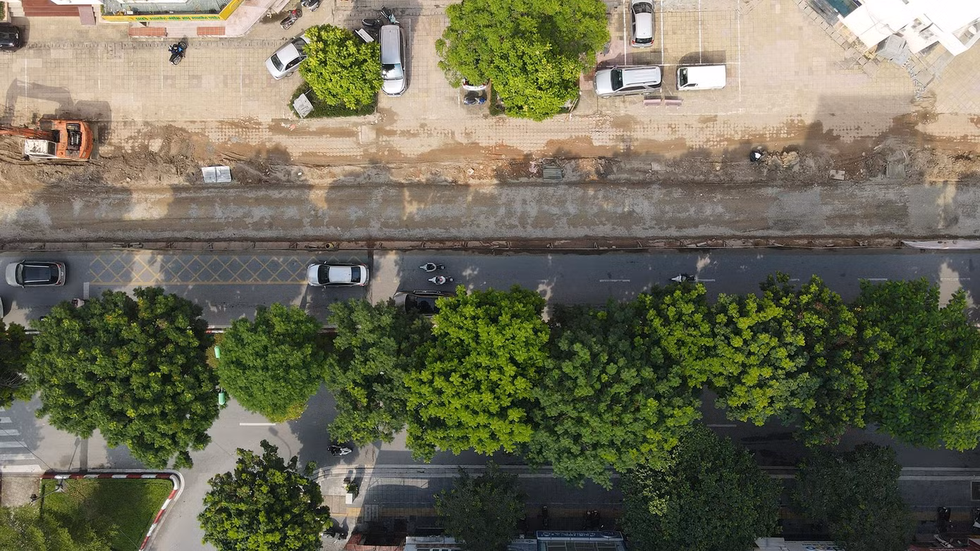 Hiện bề rộng của một chiều đường Trần Đăng Ninh hướng đi Nguyễn Phong Sắc còn 6 m để phân luồng cho các phương tiện qua lại.