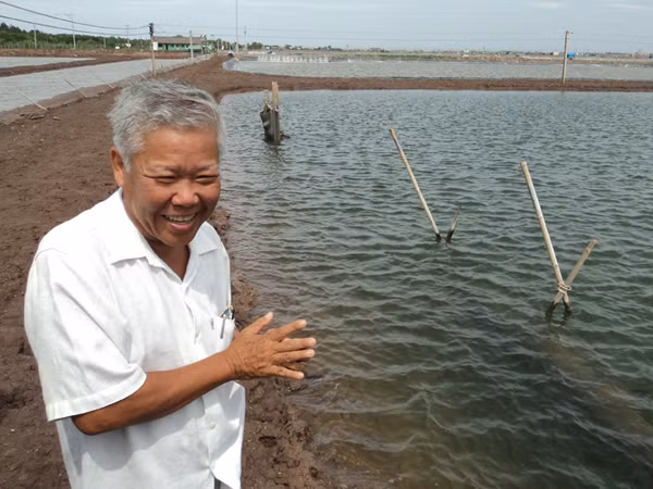 Ông Võ Hồng Ngoãn bên ao xử lý chính được nuôi hàu. Ảnh: Sáu Nghệ