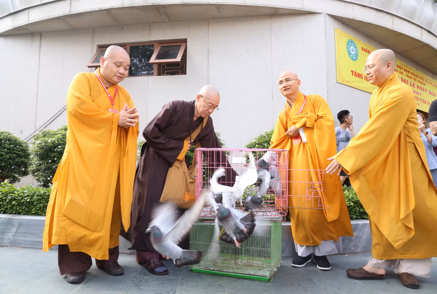 Chư tôn đức cùng thả chim bồ câu nhân mùa Phật đản.