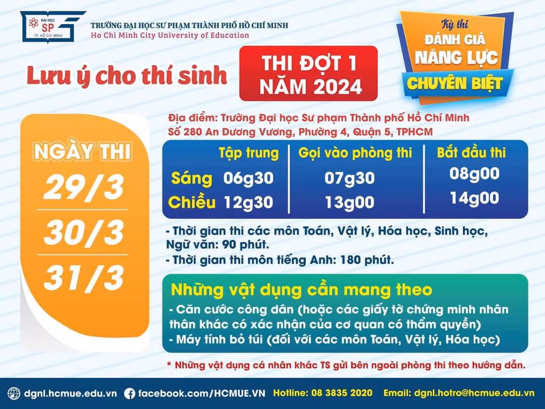 Một số lưu ý cho thí sinh khi tham dự Kỳ thi Đánh giá năng lực chuyên biệt đợt 1. Một số lưu ý cho thí sinh khi tham dự Kỳ thi Đánh giá năng lực chuyên biệt đợt 1.