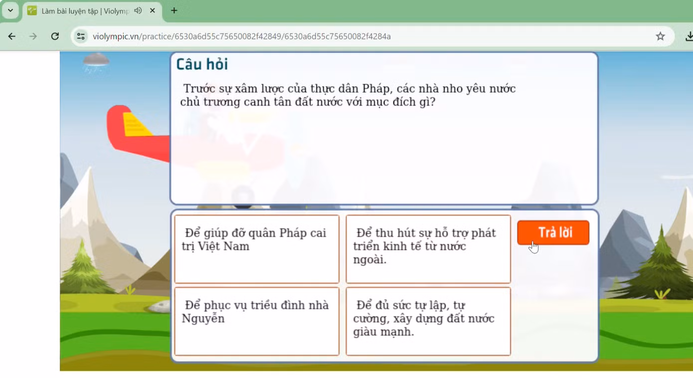 Giao diện thi môn Lịch sử Violympic.