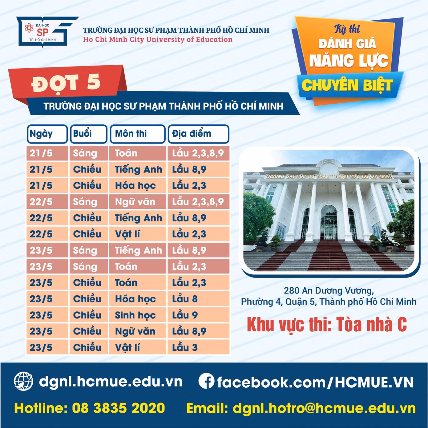 Lịch thi Đánh giá năng lực chuyên biệt đợt 5 do trường ĐH Sư phạm TP. HCM tổ chức.