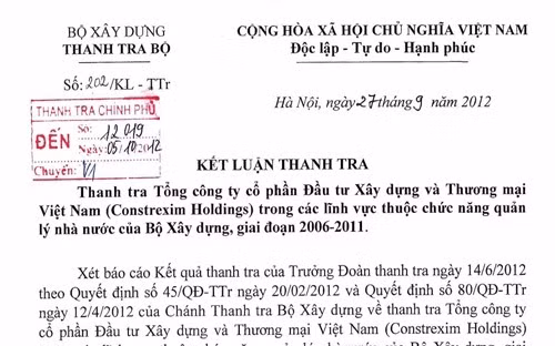 Kết luận của Thanh tra Bộ Xây dựng cho thấy, Costrexim Holdings đã làm trái nhiều quy định của Nhà nước