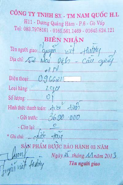 Hóa đơn biên nhận cho bộ nồi, bếp của anh Cương. Hóa đơn biên nhận cho bộ nồi, bếp của anh Cương