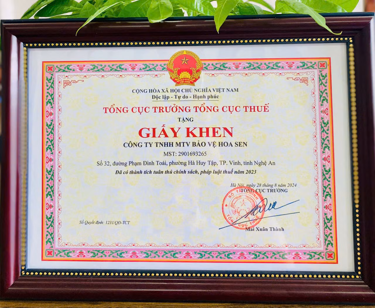 Công ty TNHH MTV dịch vụ bảo vệ Hoa Sen vinh dự được nhận Giấy khen của Tổng cục thuế vì đã có thành tích tuân thủ chính sách, pháp luật thuế năm 2023 Công ty TNHH MTV dịch vụ bảo vệ Hoa Sen vinh dự được nhận Giấy khen của Tổng cục thuế vì đã có thành tích tuân thủ chính sách, pháp luật thuế năm 2023