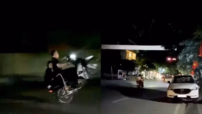 Hình ảnh nhóm thanh niên bốc đầu, nẹt pô trên địa bàn thị trấn Kim Sơn. Ảnh cắt từ clip