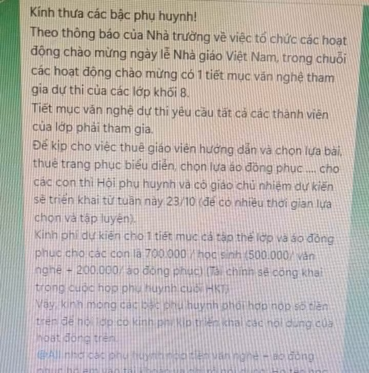 Thông tin phụ huynh đứng ra kêu gọi nộp 700.000 đồng/học sinh để phục vụ hoạt động văn nghệ 20/11 (Ảnh chụp màn hình) Thông tin phụ huynh đứng ra kêu gọi nộp 700.000 đồng/học sinh để phục vụ hoạt động văn nghệ 20/11 (Ảnh chụp màn hình)