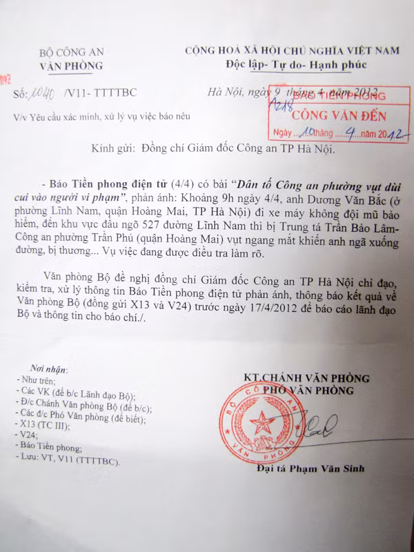 Công văn của Bộ Công an gửi Giám đốc CATP Hà Nội