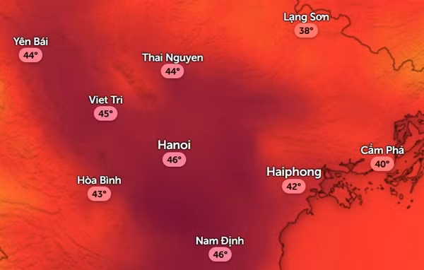 Nhiệt độ cảm nhận ở một số tỉnh thành miền Bắc chiều Chủ Nhật, 15/6: Trời rất nóng. Ảnh: Zoom Earth, OpenStreetMap, ICON. Nhiệt độ cảm nhận ở một số tỉnh thành miền Bắc chiều Chủ Nhật, 15/6: Trời rất nóng. Ảnh: Zoom Earth, OpenStreetMap, ICON.