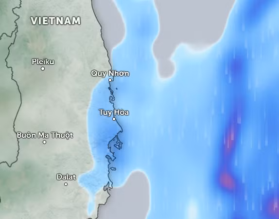 Dự báo mưa ở vùng ven biển Nam Trung Bộ vào trưa và chiều mai, 11/2. Ảnh: Zoom Earth, OpenStreetMap, ICON.