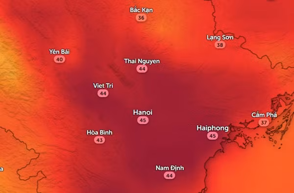 Nhiệt độ cảm nhận ở một số tỉnh thành miền Bắc chiều 2/6. Ảnh: Zoom Earth, OpenStreetMap, GFS. Nhiệt độ cảm nhận ở một số tỉnh thành miền Bắc chiều 2/6. Ảnh: Zoom Earth, OpenStreetMap, GFS.