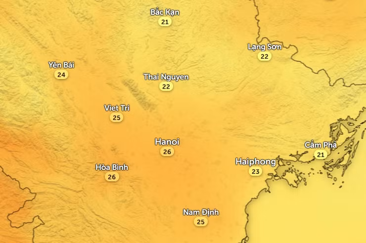 Nhiệt độ cảm nhận ở một số tỉnh thành miền Bắc vào chiều nay, 24/1. Ảnh: Zoom Earth, OpenStreetMap, ICON.
