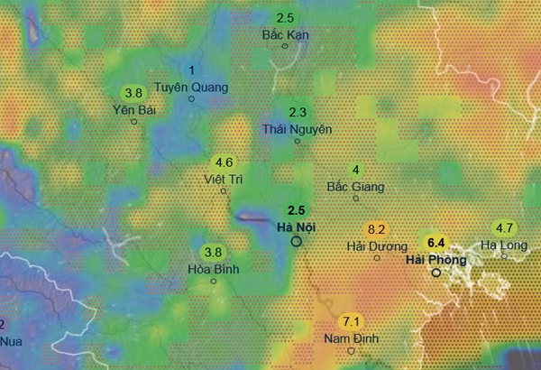 Dự báo mưa khắp miền Bắc vào ngày 23/5 do ảnh hưởng của không khí lạnh (màu xanh là mưa nhỏ đến vừa, màu vàng và cam là mưa vừa đến mưa to). Những con số trong hình là lượng mưa trong khoảng 3 tiếng, có những mô hình dự báo mưa to hơn. Ảnh: Ventusky, ICON. Dự báo mưa khắp miền Bắc vào ngày 23/5 do ảnh hưởng của không khí lạnh (màu xanh là mưa nhỏ đến vừa, màu vàng và cam là mưa vừa đến mưa to). Những con số trong hình là lượng mưa trong khoảng 3 tiếng, có những mô hình dự báo mưa to hơn. Ảnh: Ventusky, ICON.