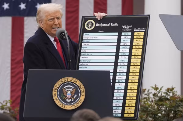 Tổng thống Mỹ Donald Trump đã công bố những mức thuế đối ứng với nhiều nước/ khu vực. Ảnh: AP.