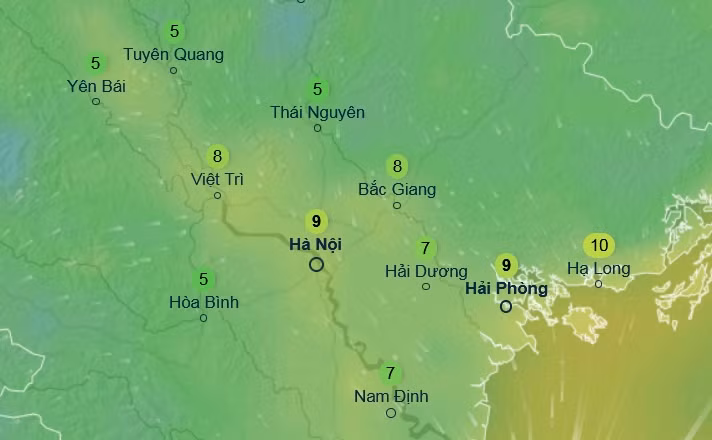 Nhiệt độ cảm nhận ở một số tỉnh thành miền Bắc vào sáng Chủ Nhật, 12/1. Ảnh: Ventusky, ICON.
