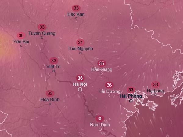 Dự báo nhiệt độ cảm nhận ở một số tỉnh thành miền Bắc vào trưa thứ Tư, 28/5: Một số nơi lại khá nóng. Ảnh: Ventusky, GFS.