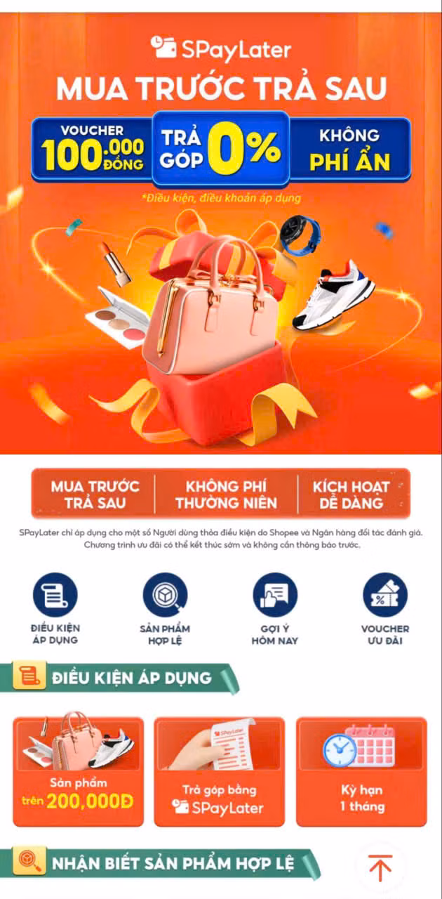 Sàn thương mại điện tử Shopee phối hợp với các ngân hàng để triển khai phương thức thanh toán trả góp "mua trước - trả sau" (Ảnh chụp màn hình).