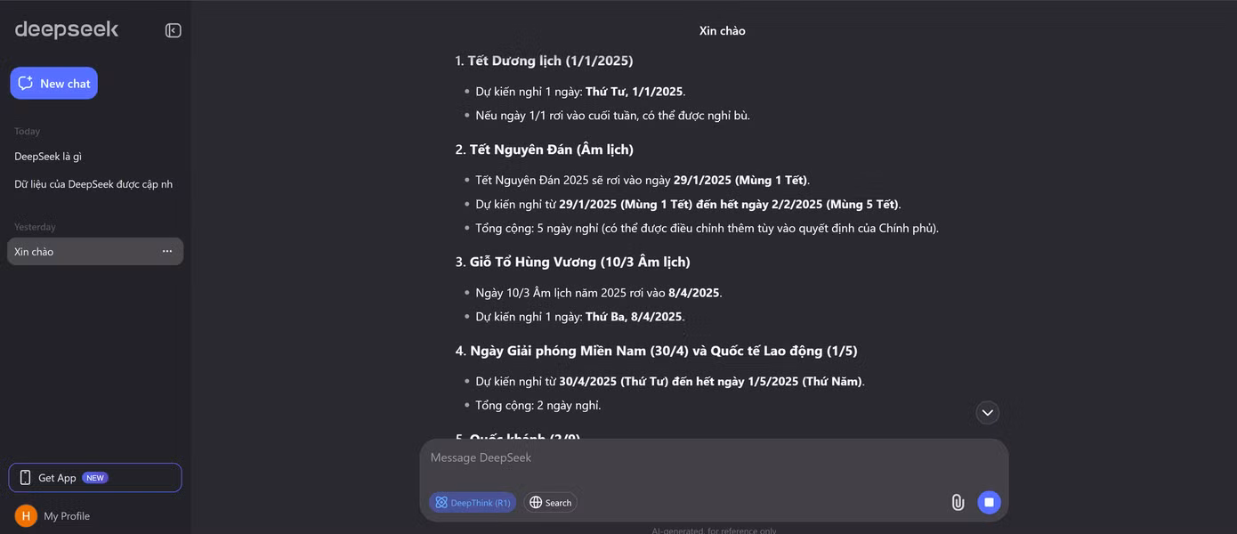 Thông tin về nghỉ lễ trên DeepSeek vẫn chưa chính xác. (Ảnh chụp màn hình)