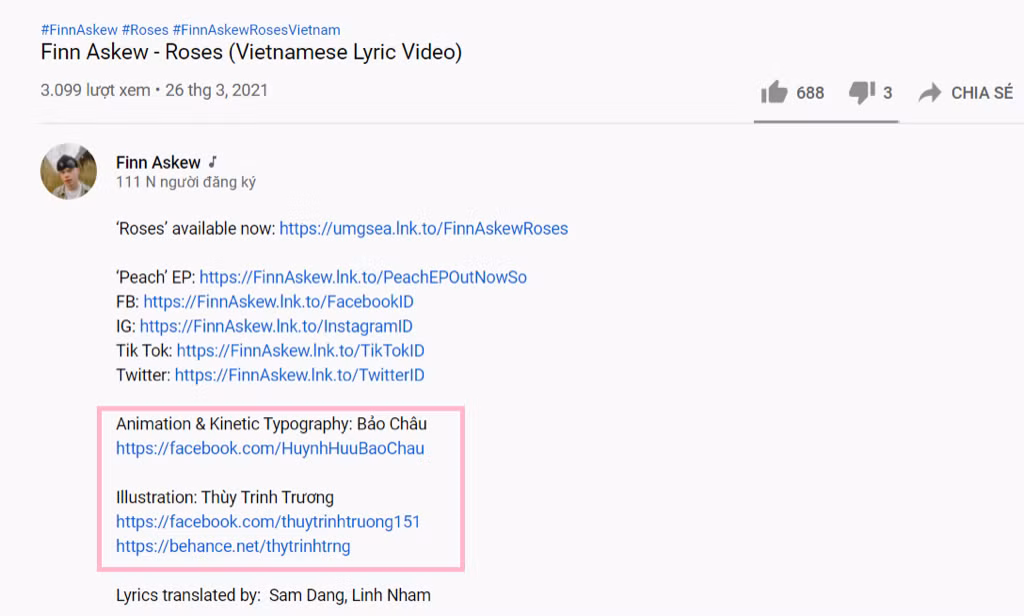 Tên của Thùy Trinh và Bảo Châu được ghi ở phần credit bên dưới lyrics video Roses.