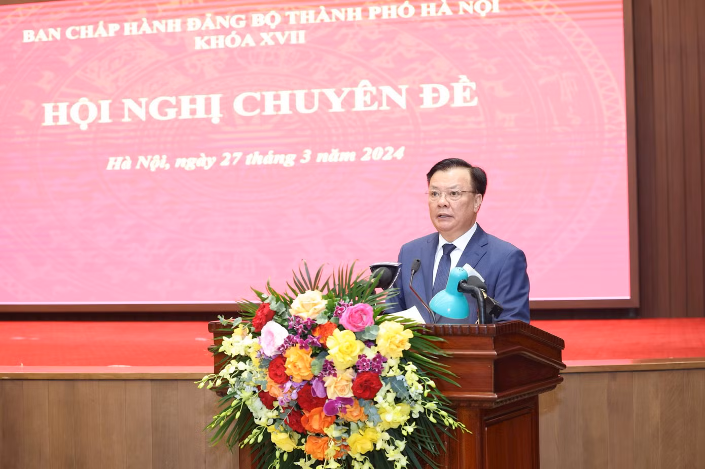 Bí thư Thành uỷ Hà Nội Đinh Tiến Dũng phát biểu tại hội nghị. Ảnh: PV.