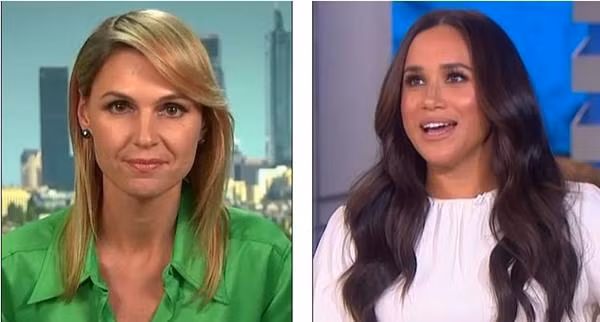 Người dẫn chương trình Amelia Adams trong khi đọc tin tức đã "châm chọc" Meghan. Ảnh: Nine; The Ellen Show.