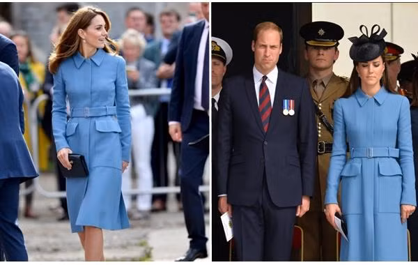 Kate mặc cùng một bộ váy vào năm 2014 (phải) và 2019 (trái) - sau 5 năm, vóc dáng của cô không có gì khác biệt. Ảnh: Getty Images Europe; Reuters.