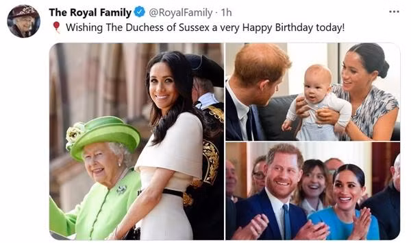 Nữ hoàng Anh chúc mừng sinh nhật Meghan. (Ảnh chụp màn hình). Nữ hoàng Anh chúc mừng sinh nhật Meghan. (Ảnh chụp màn hình).