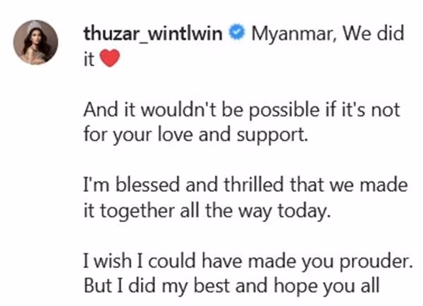 Thuzar Wint Lwin: "Myanmar ơi, chúng ta đã làm được rồi". Ảnh: Instagram.
