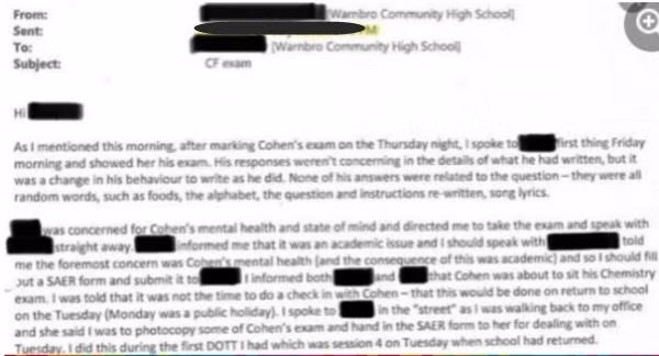 Một email của giáo viên nhận xét rằng bài thi của Cohen là đáng lo ngại. Ảnh: News. Một email của giáo viên nhận xét rằng bài thi của Cohen là đáng lo ngại. Ảnh: News.