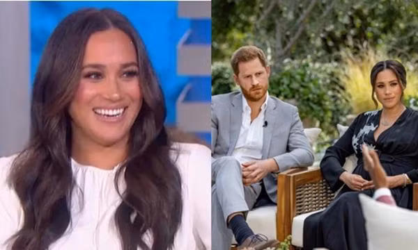 Meghan rất vui vẻ trong cuộc phỏng vấn mới, khác hẳn với cuộc phỏng vấn hồi tháng 3. Ảnh: The Ellen Show; Reuters.