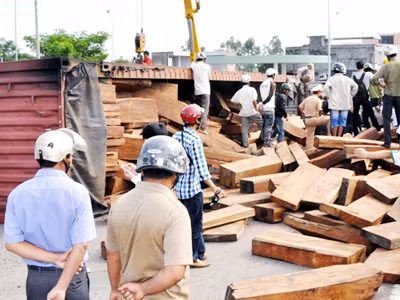 Hiện trường vụ lật xe gỗ, không gây thương vong về người, nhưng tài xế cho rằng “quá hoảng loạn” nên bỏ đi suốt 1 ngày. Ảnh: Nguyễn Huy