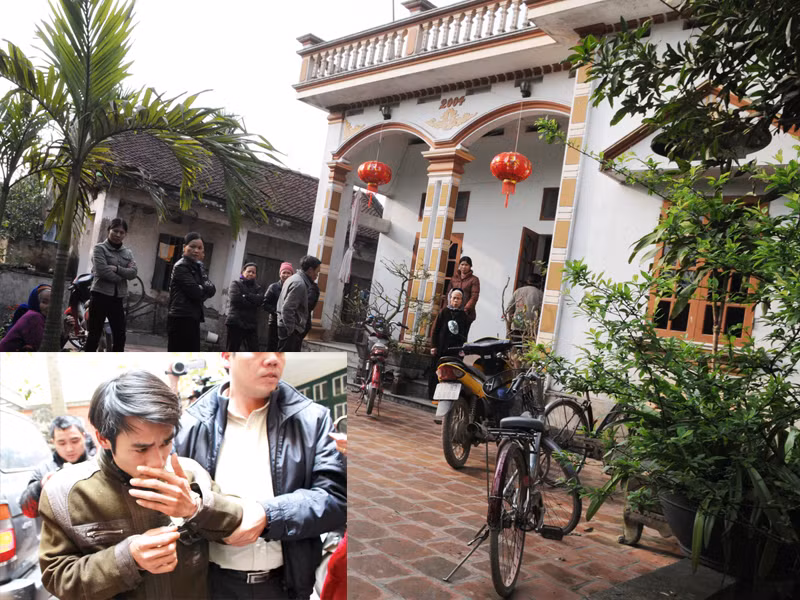 Ngôi nhà nơi hung thủ Nguyễn Hữu Dưỡng đã sinh ra và lớn lên (ảnh lớn). Dẫn giải đối tượng từ Công an huyện Đông Hưng, Thái Bình về trụ sở Phòng CSHS Công an Hà Nội (ảnh nhỏ) Ảnh: Tuấn Nguyễn - Lê Dương