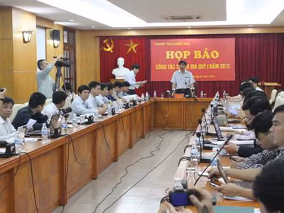 Phó Tổng Thanh tra Lê Tiến Hào chủ trì buổi họp báo thường kỳ quý I của Thanh tra Chính phủ. Ảnh: Khánh Linh