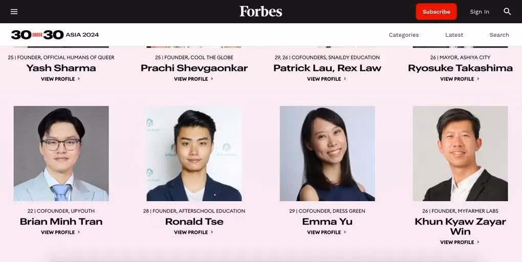 Trần Tuấn Minh có tên trong danh sách "30 Under 30 Asia 2024" do Forbes bình chọn. Trần Tuấn Minh có tên trong danh sách "30 Under 30 Asia 2024" do Forbes bình chọn.