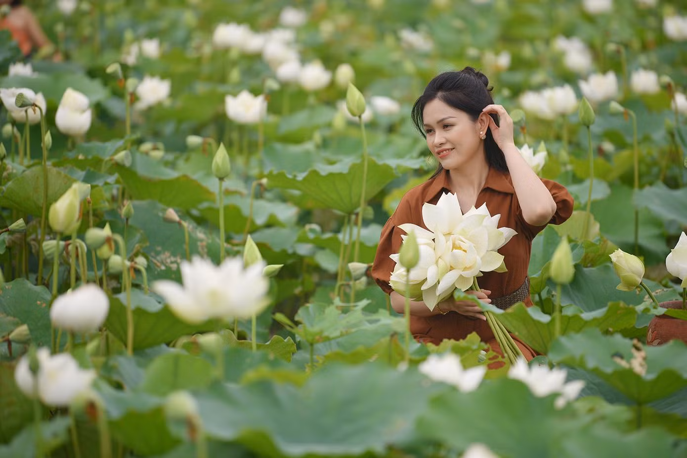 Đầm sen thu hút nhiều bạn trẻ đến chụp ảnh.