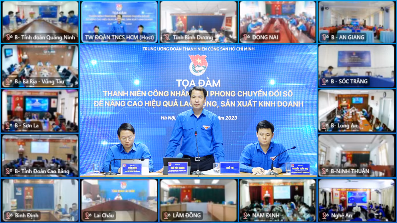 Tọa đàm "Thanh niên công nhân tiên phong áp dụng chuyển đổi số vào chuyên môn nghiệp vụ để nâng cao hiệu quả lao động sản xuất kinh doanh", với 63 điểm cầu trực tuyến trên cả nước.