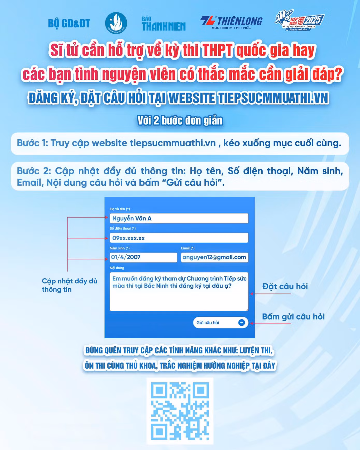 Chỉ với hai bước đơn giản, sẽ nhanh chóng kết nối và hỗ trợ đúng nhu cầu của phụ huynh và thí sinh trong kỳ thi tốt nghiệp THPT 2025.