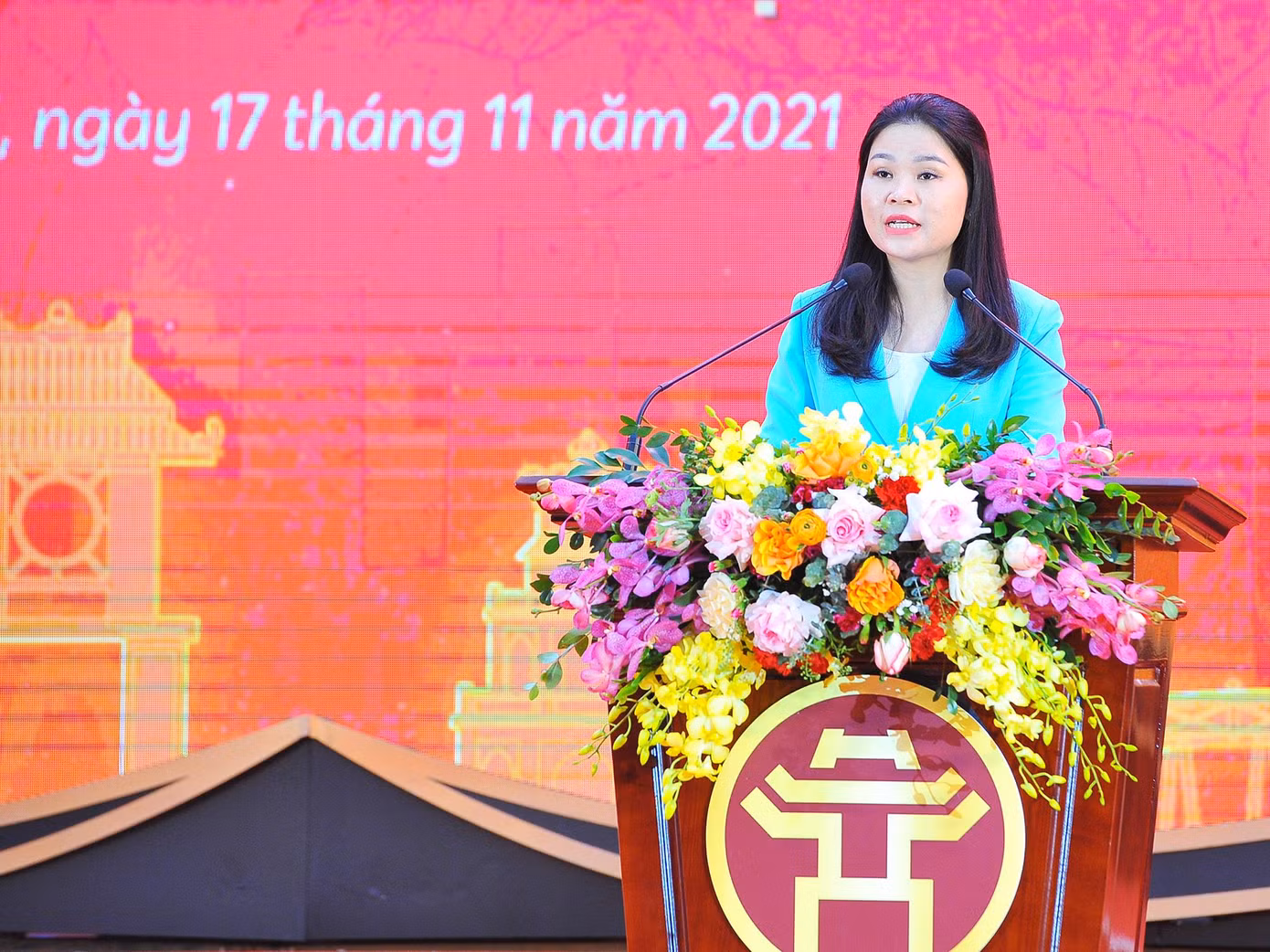 Chị Chu Hồng Minh, Bí thư Thành Đoàn Hà Nội phát biểu tại buổi lễ. Ảnh: MINH ĐỨC