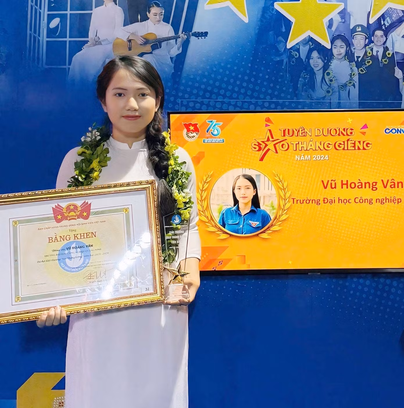 Vũ Hoàng Vân - Phó Chủ nhiệm CLB 'Sinh viên 5 tốt' tỉnh, Lớp Kế toán tổng hợp K14, Khoa Kinh tế, trường ĐH Công nghiệp Quảng Ninh.