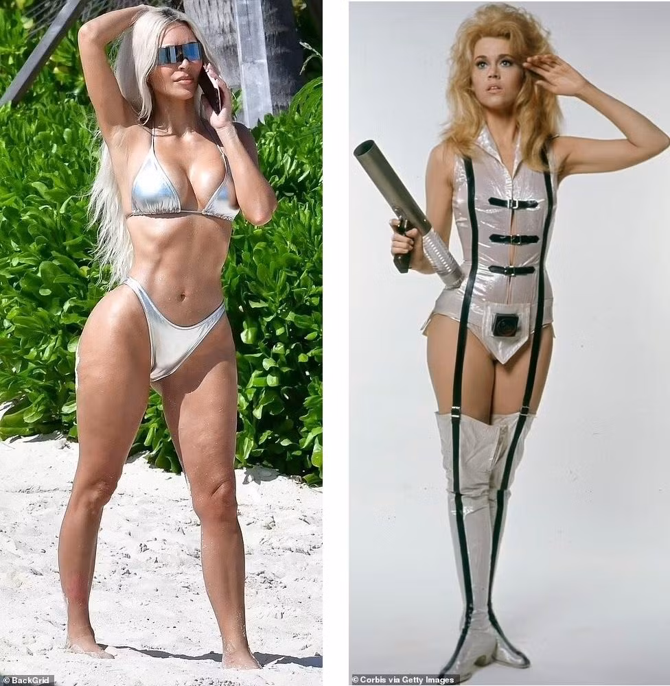 Vẻ ngoài mới của Kim gợi nhớ đến nhân vật Barbarella do minh tinh Jane Fonda trong bộ phim hài khoa học viễn tưởng cùng tên lấy bối cảnh ngoài vũ trụ ra mắt năm 1968.