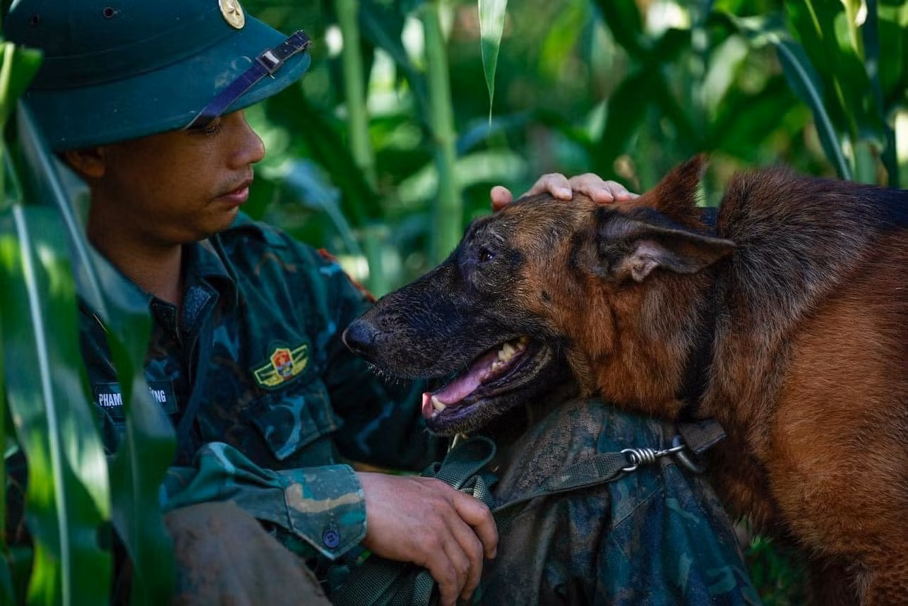 Phút nghỉ ngơi của bộ đội và bạn đồng hành đang tìm kiếm nạn nhân mất tích tại thôn Làng Nủ.