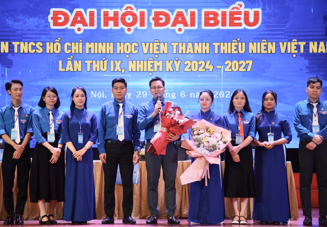 Anh Trương Khải Minh - Bí thư Đoàn Thanh niên Học viện Thanh thiếu niên Việt Nam khoá IX, nhiệm kỳ 2024 - 2027 phát biểu nhận nhiệm vụ thể hiện quyết tâm của Ban chấp hành khoá mới trong nhiệm kỳ tới