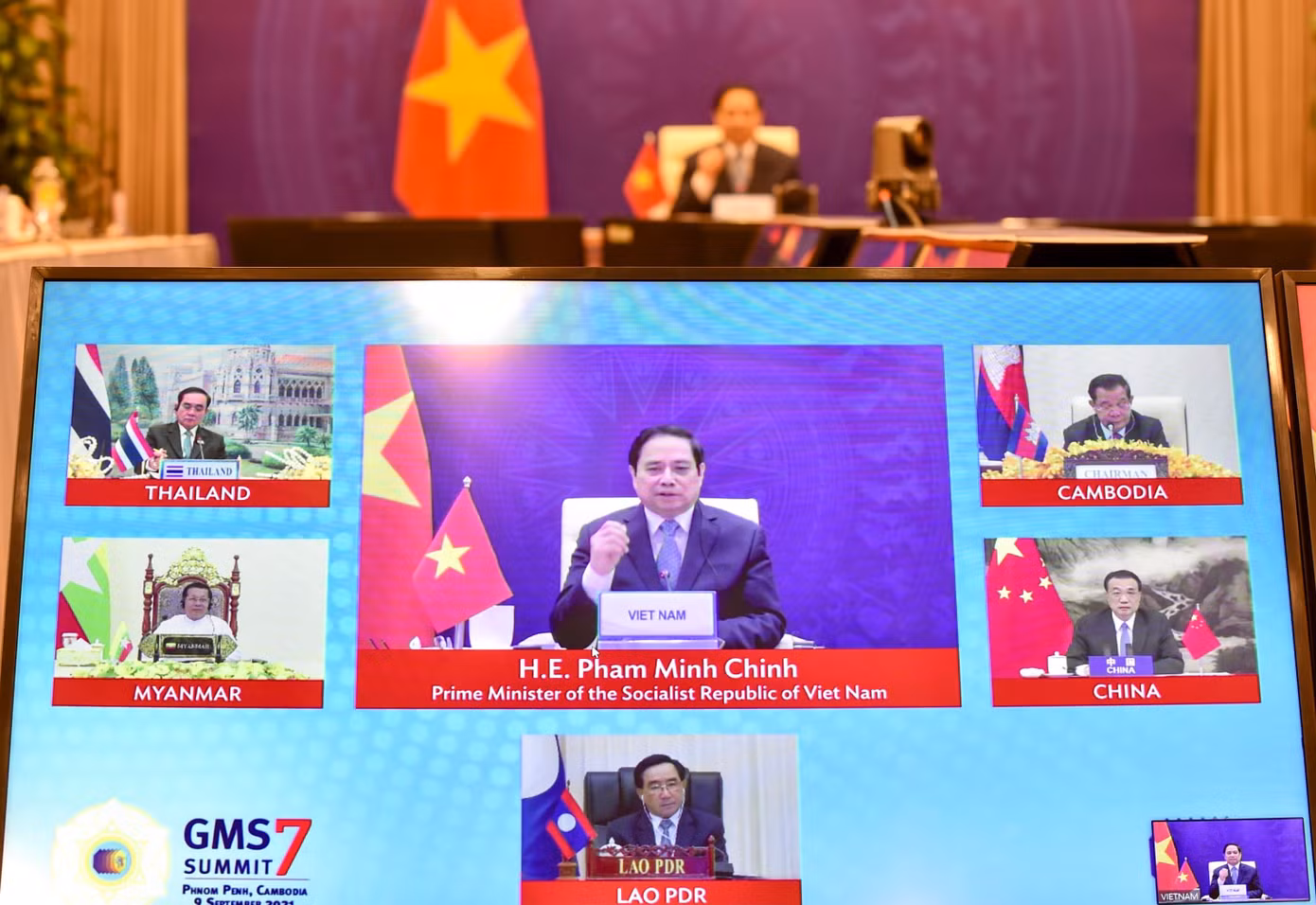 Tham dự Hội nghị có Thủ tướng các nước Campuchia, Lào, Thái Lan, Trung Quốc, Việt Nam; đại diện Myanmar, Chủ tịch Ngân hàng Phát triển châu Á (ADB) dự hội nghị. (Ảnh: Mofa) Tham dự Hội nghị có Thủ tướng các nước Campuchia, Lào, Thái Lan, Trung Quốc, Việt Nam; đại diện Myanmar, Chủ tịch Ngân hàng Phát triển châu Á (ADB) dự hội nghị. (Ảnh: Mofa)