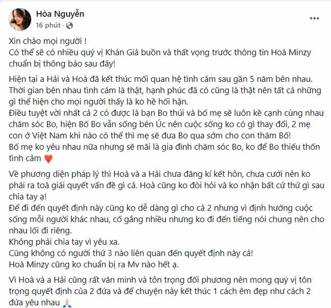 Tâm thư của Hòa Minzy gửi đến người hâm mộ. Ảnh: FBNV.