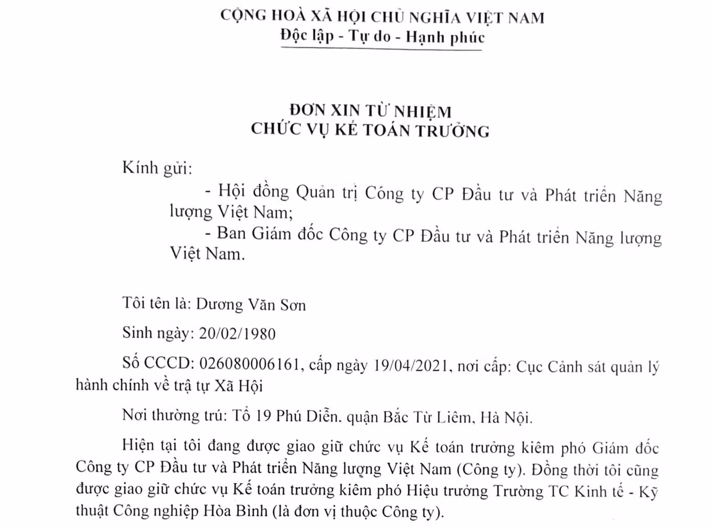 Đơn từ nhiệm của ông Dương Văn Sơn. Đơn từ nhiệm của ông Dương Văn Sơn.
