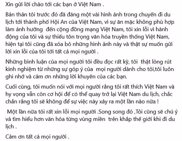 Lời xin lỗi bằng tiếng Việt của Siew. Ảnh: Facebook.