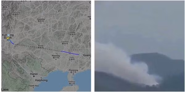 Hình ảnh cho thấy đường bay của máy bay và hình ảnh khi vụ tai nạn xảy ra. Ảnh: FlightRadar24/ CGTN/ People's Daily/ Insider.