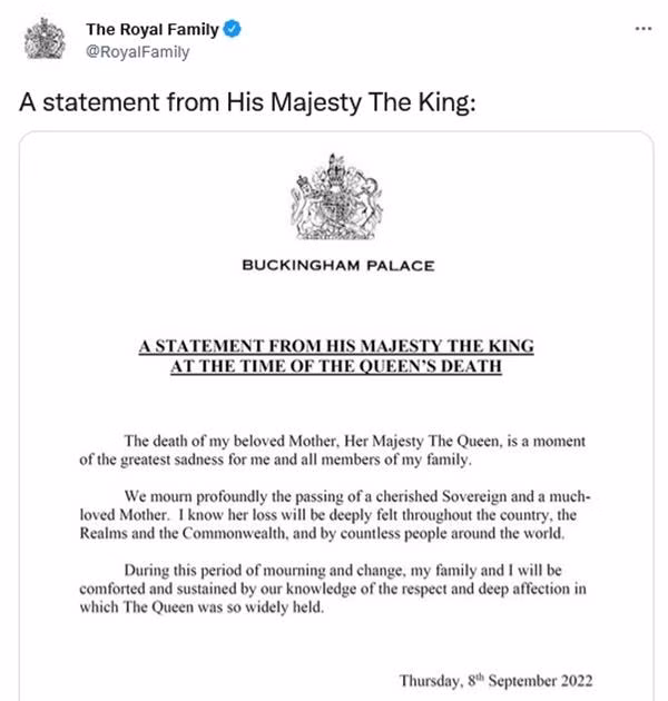 Thông báo đầu tiên của Vua Charles III. (Ảnh chụp màn hình). Thông báo đầu tiên của Vua Charles III. (Ảnh chụp màn hình).